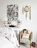 Black and white oriental print above dressing table in bedroom of contemporary home, Hastings, East Sussex, UK
