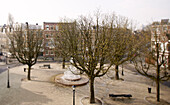 Town square with water fountain and trees in bud in Amsterdam, Netherlands