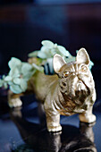 Goldener Bulldoggenschmuck in einem Haus in Warkworth, Auckland, Nordinsel, Neuseeland