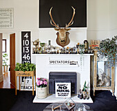 Sammlung von Trophäen mit ausgestopftem Tierkopf auf dem Kaminsims im Wohnzimmer von Warkworth, Auckland, Nordinsel, Neuseeland
