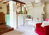 Updated entrance interior of timber framed Devonshire cottage UK