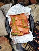 Salmon steaks on foil on barbecue grill County Sligo Connacht Ireland