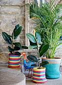 Assorted houseplants and bird ornament with exposed stone wall and step in 18th century Northumbrian mill house, UK
