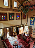 Double height living room of Herefordshire barn conversion, UK