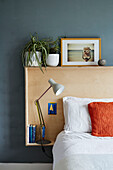 Zimmerpflanzen auf dem Kopfende eines Bettes mit einer Schreibtischlampe am Bett in einem Neubau in Sligo, Irland