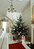 Eingangshalle mit Treppenhaus und Weihnachtsbaum