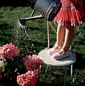Young girl standing on a metal garden chair watering a plant