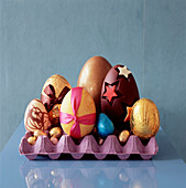Egg tray full of chocolate Easter eggs