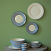 Display of Cornish blue pottery