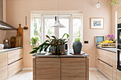 Fitted pale wood kitchen with paintwork in setting plaster Devon cottage