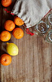 Hessischer Sack und Orangen für die Marmeladenherstellung, Southend-on-sea, Essex, England, Vereinigtes Königreich