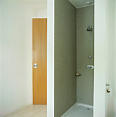 Modern bathroom with walk in shower in light grey mosaic