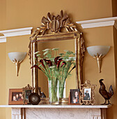 marble mantelpiece with flower display and picture frames with ornate gold gilt mirror and yellow walls