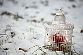 White decorative birdcage filled with christmas decorations on a snowy ground