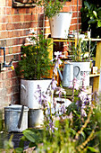 Gartenpflanzen und Wasserhahn mit Gießkanne vor dem Bauernhaus von Brabourne, Kent, Großbritannien