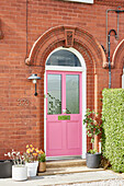 Rosa Eingangstür eines viktorianischen zweistöckigen Hauses aus rotem Backstein in Lancashire England UK