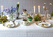 Pretty table setting with candles hyacinth and bulb table decorations