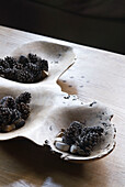 Detail of wooden dish on tabletop filled with pine cones