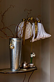 Christmas decorations displayed on a side table