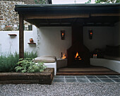Fireplace on patio of bungalow house