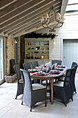 Dining table set for Christmas dinner in Wiltshire farmhouse