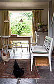 chickens in an open plan dining room