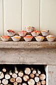 Handmade cupcakes with fireplace of logs in Buckinghamshire home, England, UK