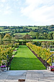 Gepflasterte Terrasse und Rasenfläche in einem Garten in ländlicher Umgebung, Blagdon, Somerset, England, UK