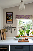 Küchenmesser auf Magnetstreifen mit Schneidebrettern und Kräutern auf der Fensterbank in einer modernen Küche, Cornwall, UK