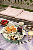Scones and jam with tea and strawberries on gingham tablecloth in Cornwall garden England UK