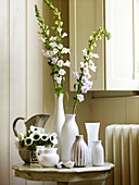 Foxgloves and assorted vases on table at window