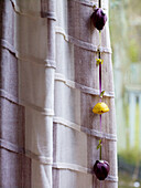 Lila Blumen hängen mit einem Band an einem Vorhang-Detail