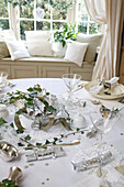 White Christmas dinner table in Tenterden home, Kent, England, UK