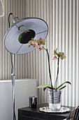 Metal lamp and orchid at bedside in London home UK