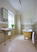 Freestanding bath and wash stand with mirrored cabinet in Sussex home UK