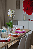 Dining chairs at table with bright plates and orchid in UK home