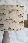 Fish patterned fabric lampshade in London home,  England,  UK
