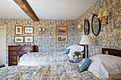 Twin bedroom with co-ordinating toile de jouy in Warminster country house  Wiltshire  England  UK