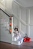 White panelled staircase with banister in gloss black London UK