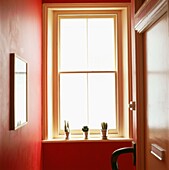 Town house communal entrance hall painted in red with large sash window