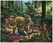 Dromaeosaurs attacking prey, illustration