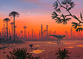 Allosaurus dinosaur at dusk, illustration