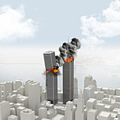 Twin Towers collapse after September 11 attack, illustration