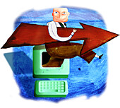 Employee with an arrow exiting a computer, illustration