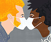Couple kissing with face masks on, conceptual illustration