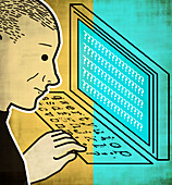 Man confused using a computer, illustration
