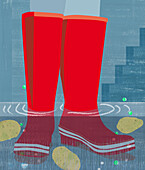 Red wellington boots in a flood, illustration