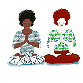 Two women in yoga lotus pose, illustration