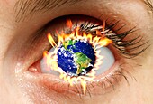 Human eye with earth in flames, composite image