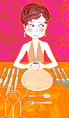 Woman feeling uncomfortable during dinner, illustration
